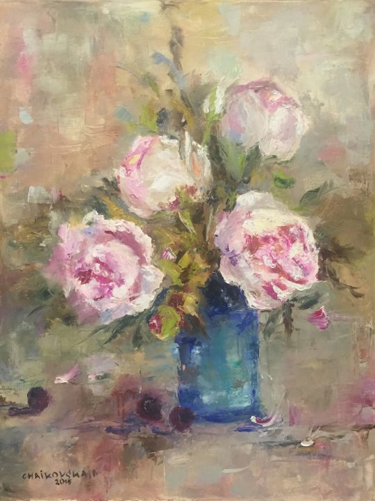 Peonies in Blue Vase